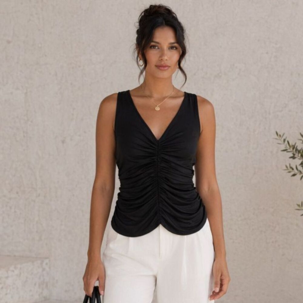 Jac Parker Black V Neck Tank Top Scrunched Soft Stretch Blouse Medium